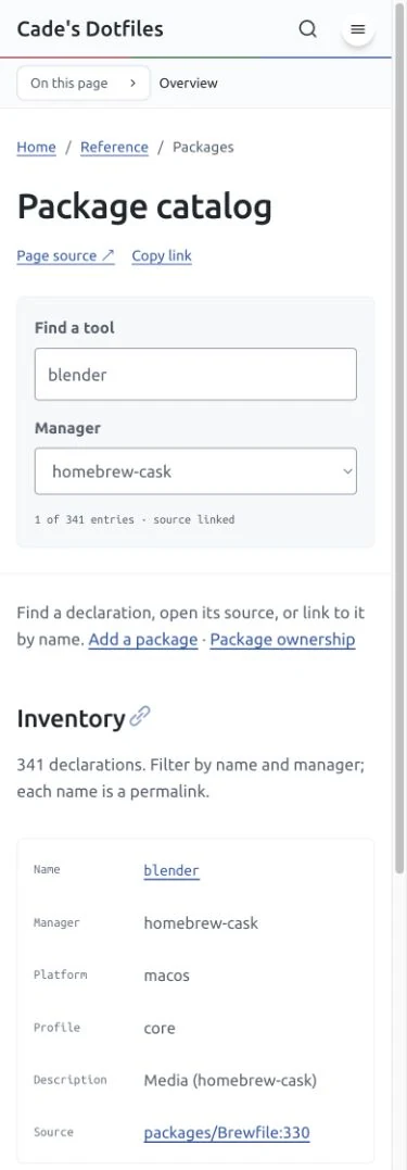 Light-mode mobile package catalog showing Blender as a labeled record with manager, platform, profile, description, and source link.
