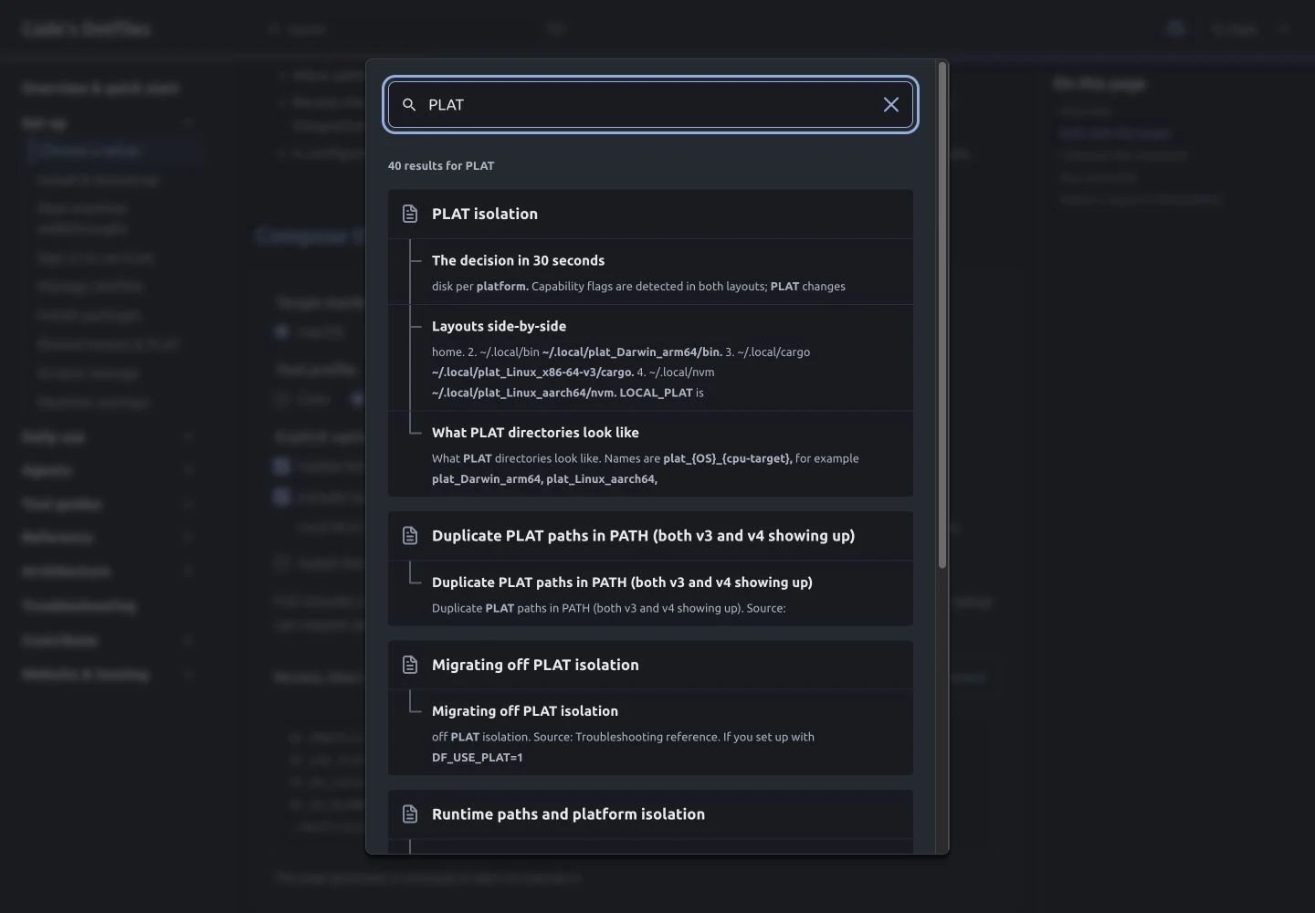 The handbook search dialog returns PLAT isolation, duplicate PATH diagnostics, migration guidance, and runtime architecture.